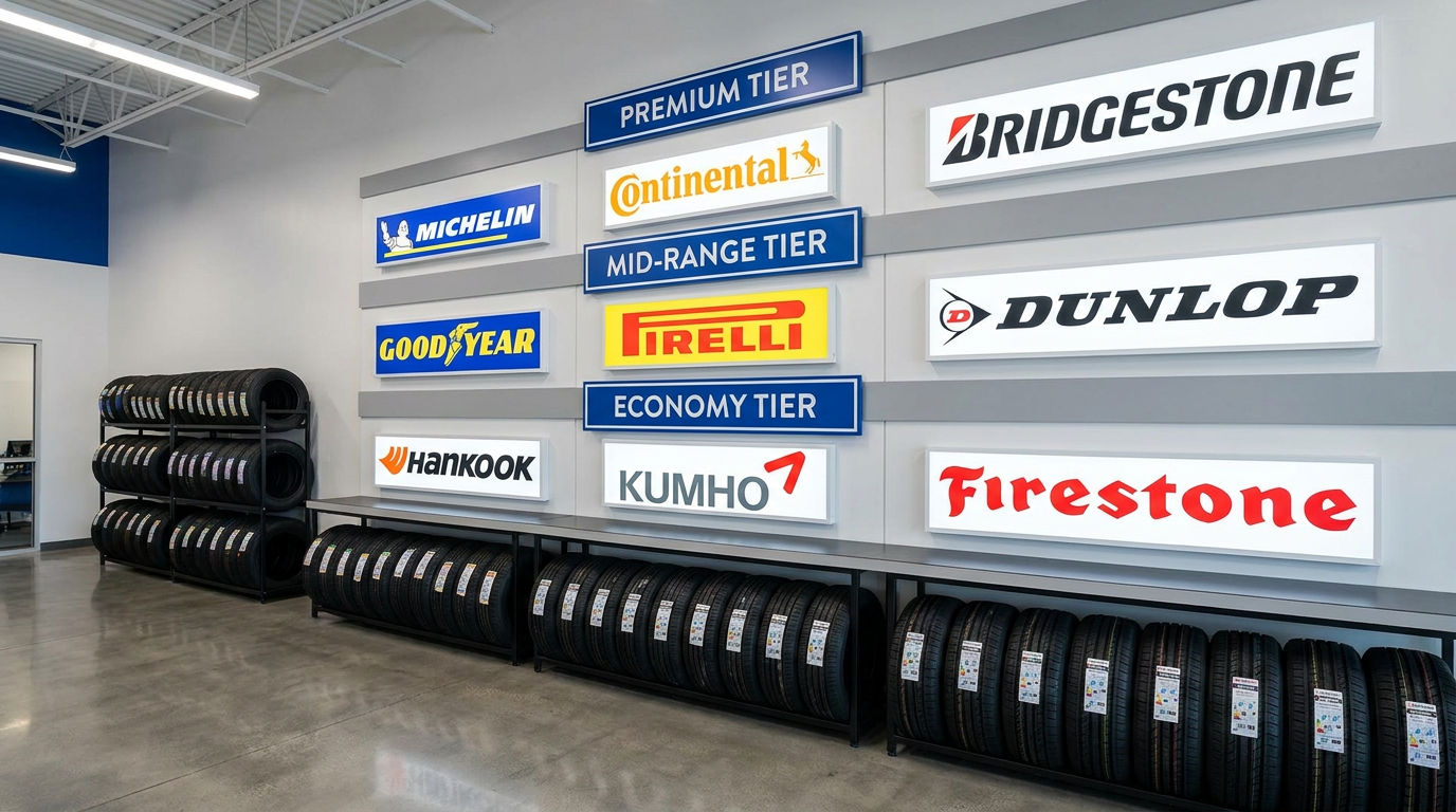 tire buying guide - tire brand logos by three tiers seen on the wall of a well-lit tire store. Credit: DaVinci