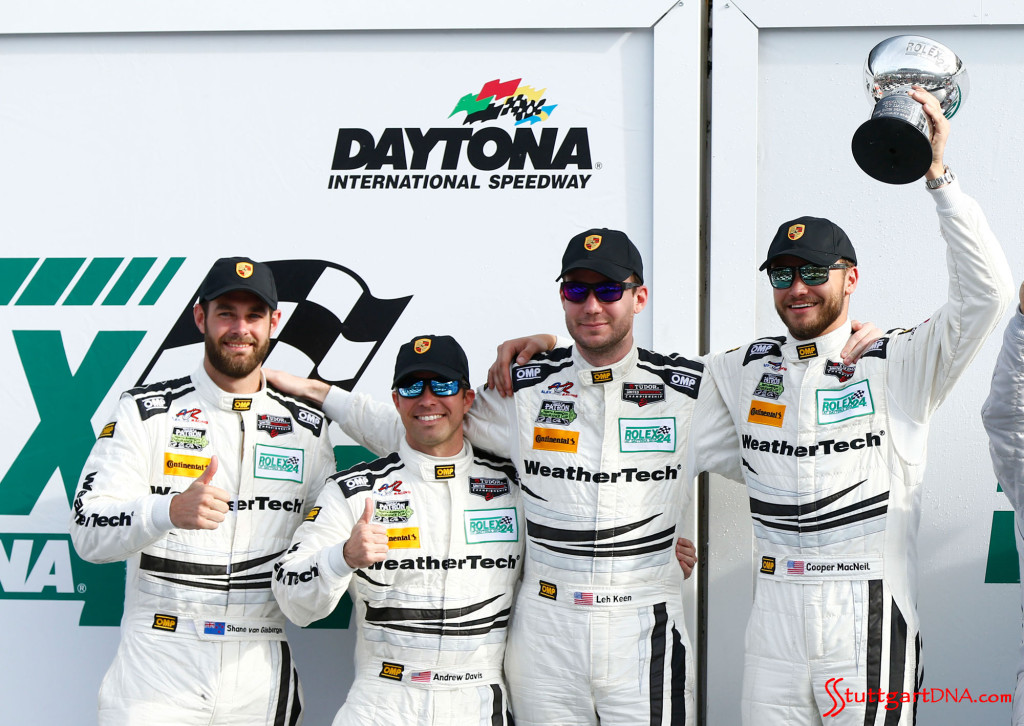 Porsche 2015 Daytona 24 hours: Seen here are Alex Job Racing's No. 22 racecar drivers (l-r) van Gisbergen, Davis, Keen and MacNeil after the 2015 24 Hours of Daytona. Source: Porsche AG
