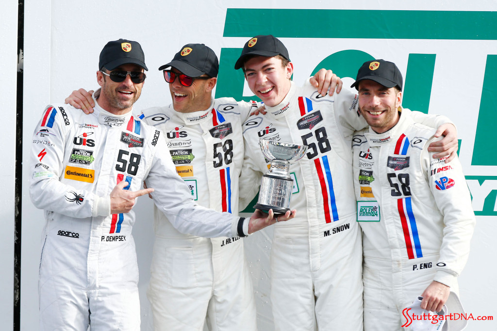 Porsche 2015 Daytona 24 hours: Seen here are the No. 58 racecar Dempsey-Wright Motorsport's drivers (l-r) Dempsey, Heylen, Snow and Eng. Source: Porsche AG