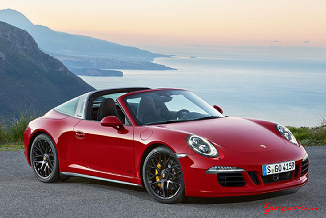 911 Targa 4 GTS and Cayenne Turbo S 2015 world premiere 911 Targa 4 GTS and Cayenne Turbo S 2015 world premiere: The 2015 Detroit-Show reveal of a 911 red Targa 4 GTS, seen from its right-side view against a breathtaking coastal vista. Credit: PCNA