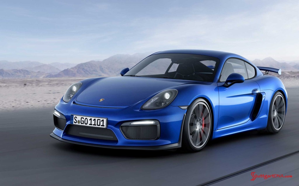 Three distinctive inlet openings are part of the GT4's aero package. Credit: Porsche AG The new Porsche Cayman GT4: The newly introduced (in Feb-15) Cayman GT4, in blue, is pictured here from the left-front side, on a desert road. Credit: Porsche AG