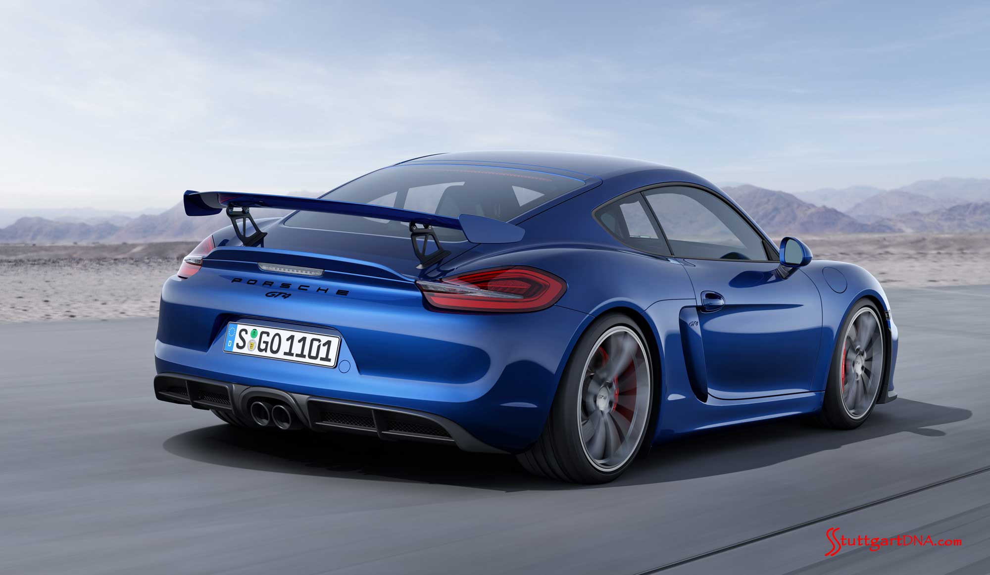 The new Porsche Cayman GT4 The new Porsche Cayman GT4: The newly introduced (in Feb-15) Cayman GT4, in blue, is pictured here from the right-rear side view, on a desert road. Credit: Porsche AG