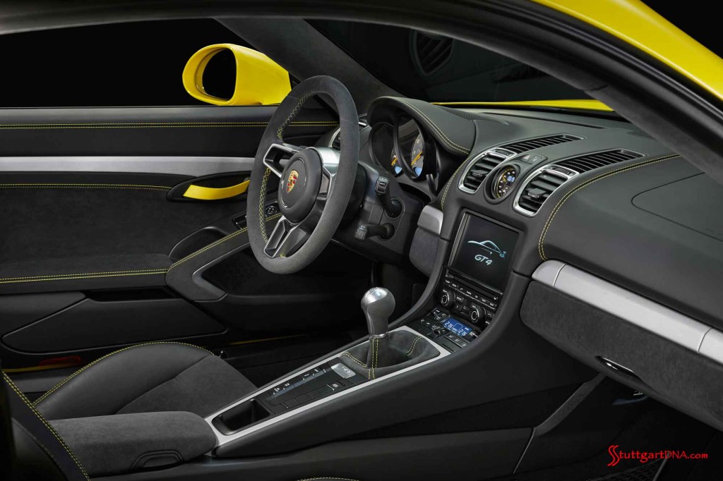 The interior of the newly introduced (in Feb-15) Cayman GT4. Credit: Porsche AG The new Porsche Cayman GT4: The newly introduced (in Feb-15) Cayman GT4, in yellow, its interior pictured here from the passenger’s door. Credit: Porsche AG
