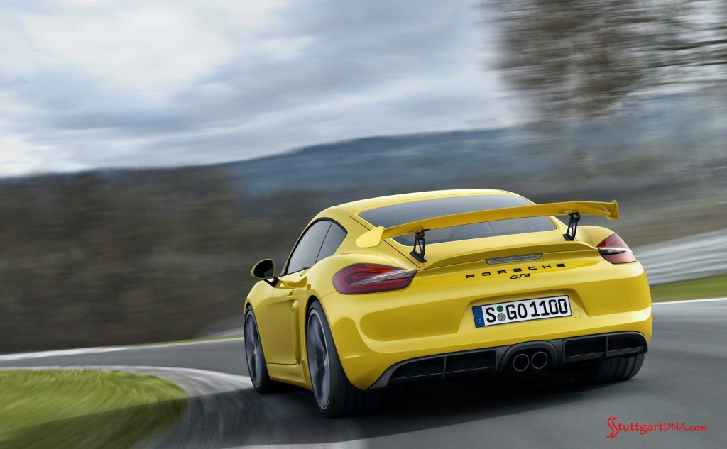 The Cayman GT4 premieres at the Geneva International Motor Show. Credit: Porsche AG The new Porsche Cayman GT4: The newly introduced (in Feb-15) Cayman GT4, in yellow, is pictured from the left-rear view, on track. Credit: Porsche AG