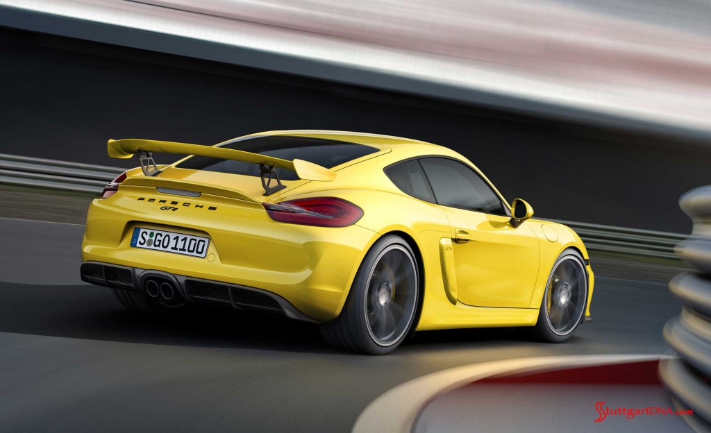 A large fixed aero rear wing produces superb downforce. Credit: Porsche AG The new Porsche Cayman GT4: The newly introduced (in Feb-15) Cayman GT4, in yellow, is pictured here from the right-rear side view, on track. Credit: Porsche AG