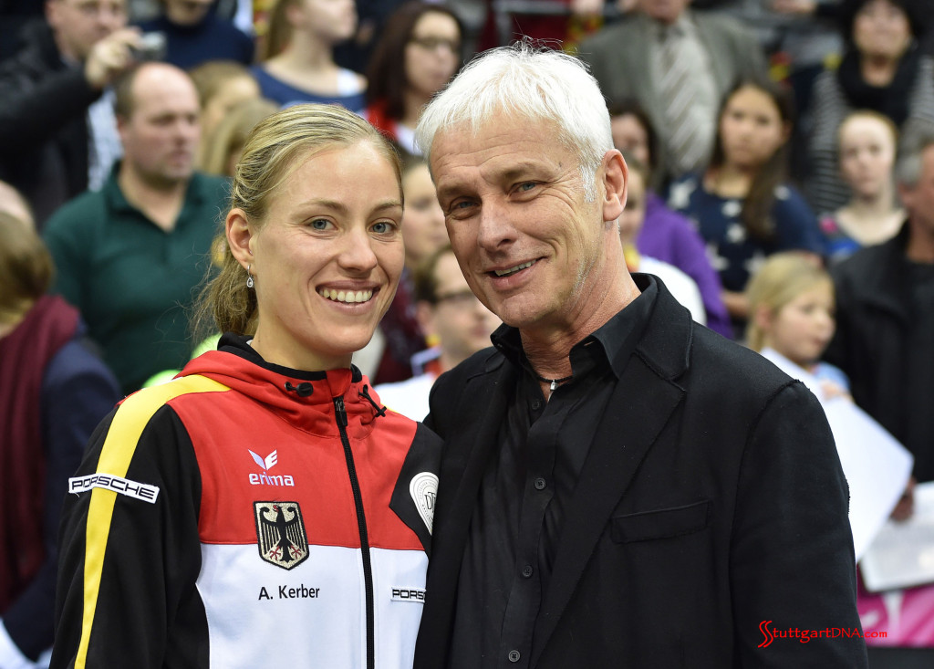Porsche Team Germany in Fed Cup semi-final: Porsche CEO Muller is seen here with Porsche Ambassador Angelique Kerber in Stuttgart's Porsche Arena, 2015. Source: Porsche AG