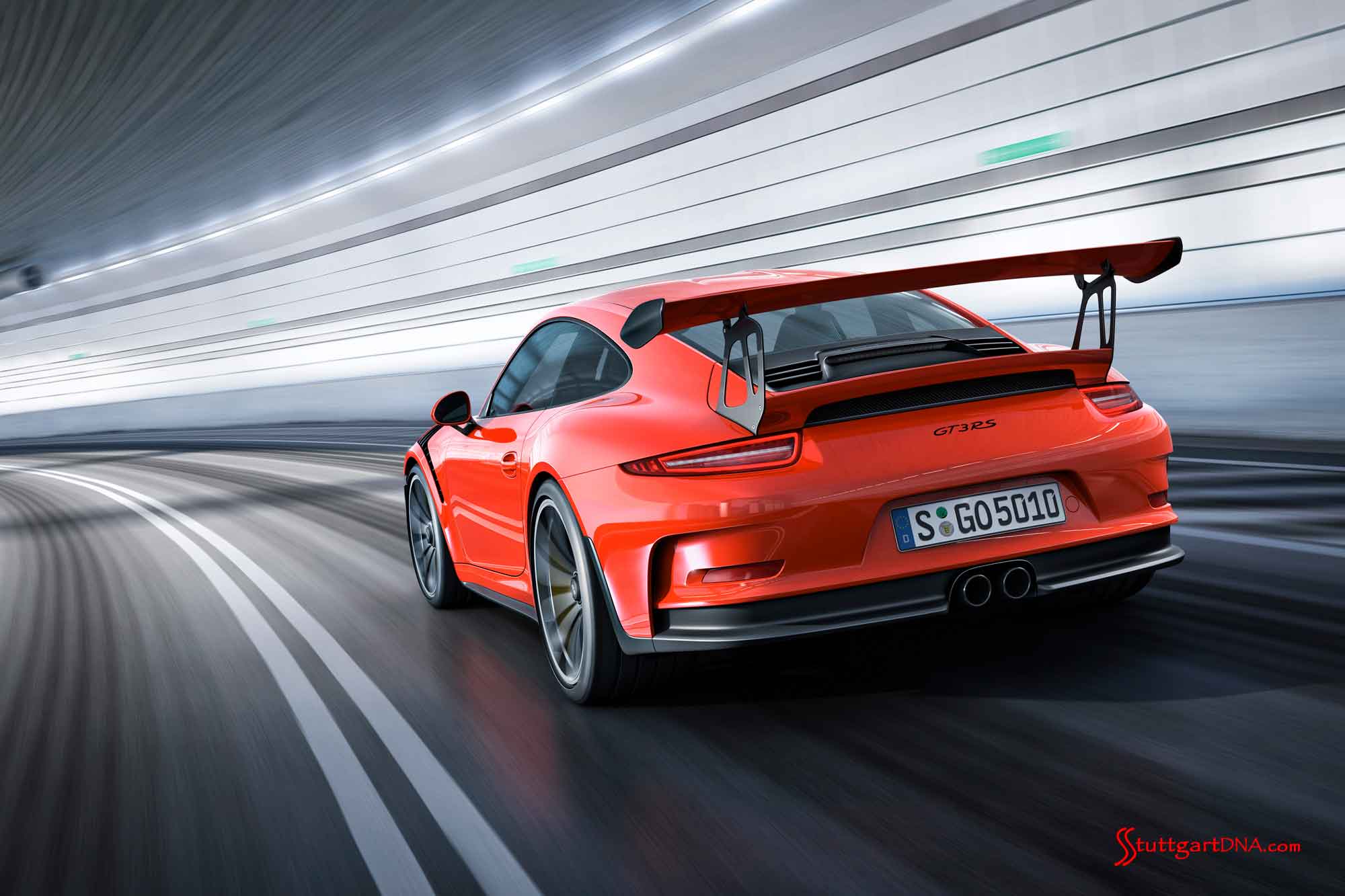 The new Porsche 991 911 GT3 RS The 991 GT3 RS, enjoying its debut, is seen from its left-rear view in a tunnel. Credit: Porsche AG