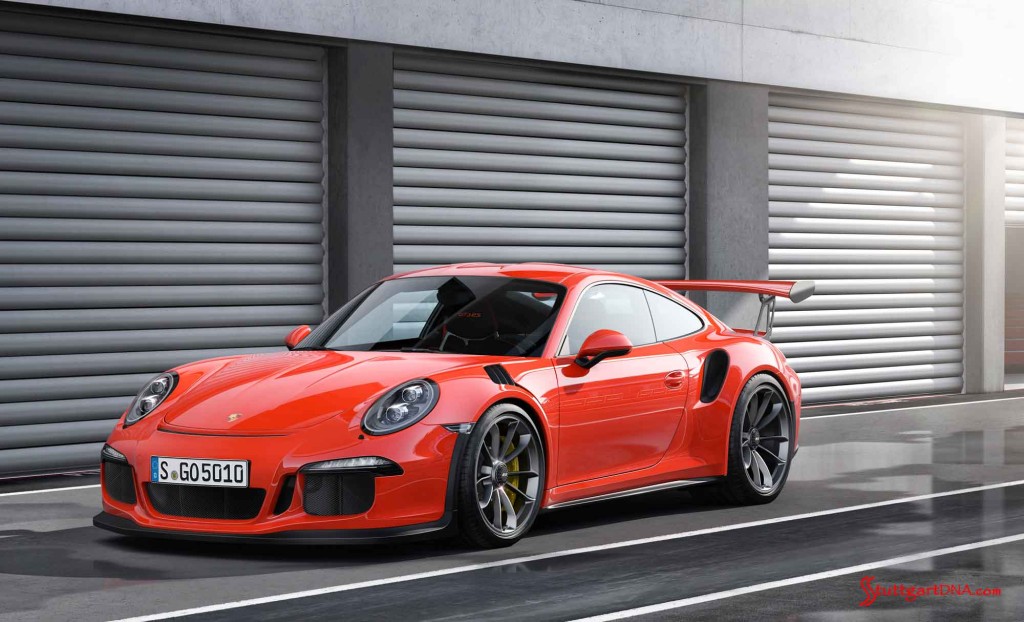 The new Porsche 991 911 GT3 RS: The debuting 991 GT3 RS is seen here fromt the left-front angle, at rest in the paddock. Credit: Porsche AG