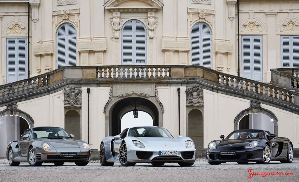 As the Porsche 918 Spyder production ends, we see here three fine examples of Porsche super sports cars -- the 959, 918 Spyder and Carrera GT (l-r), in the foreground of a palace. Credit: Porsche AG