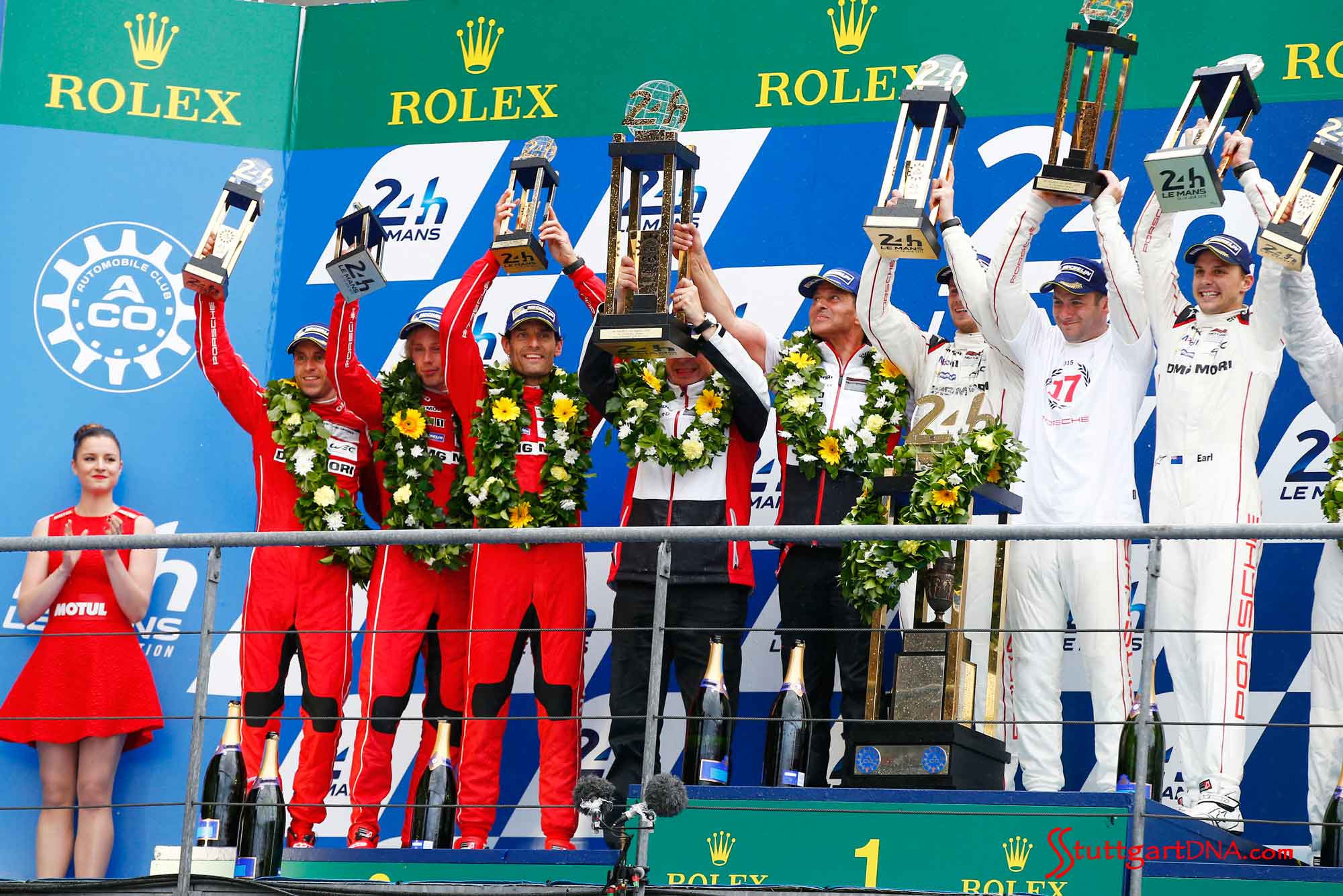 Porsche 919 Hybrids win Le Mans one-two Porsche 919 Hybrids win Le Mans one-two: Porsche 919 drivers, one-two on 2015 Le Mans podium. Porsche Team: Timo Bernhard, Brendon Hartley, Mark Webber, Fritz Enzinger, Leiter LMP1, Nico Huelkenberg, Nick Tandy, Earl Bamber (l-r). Credit: Porsche AG