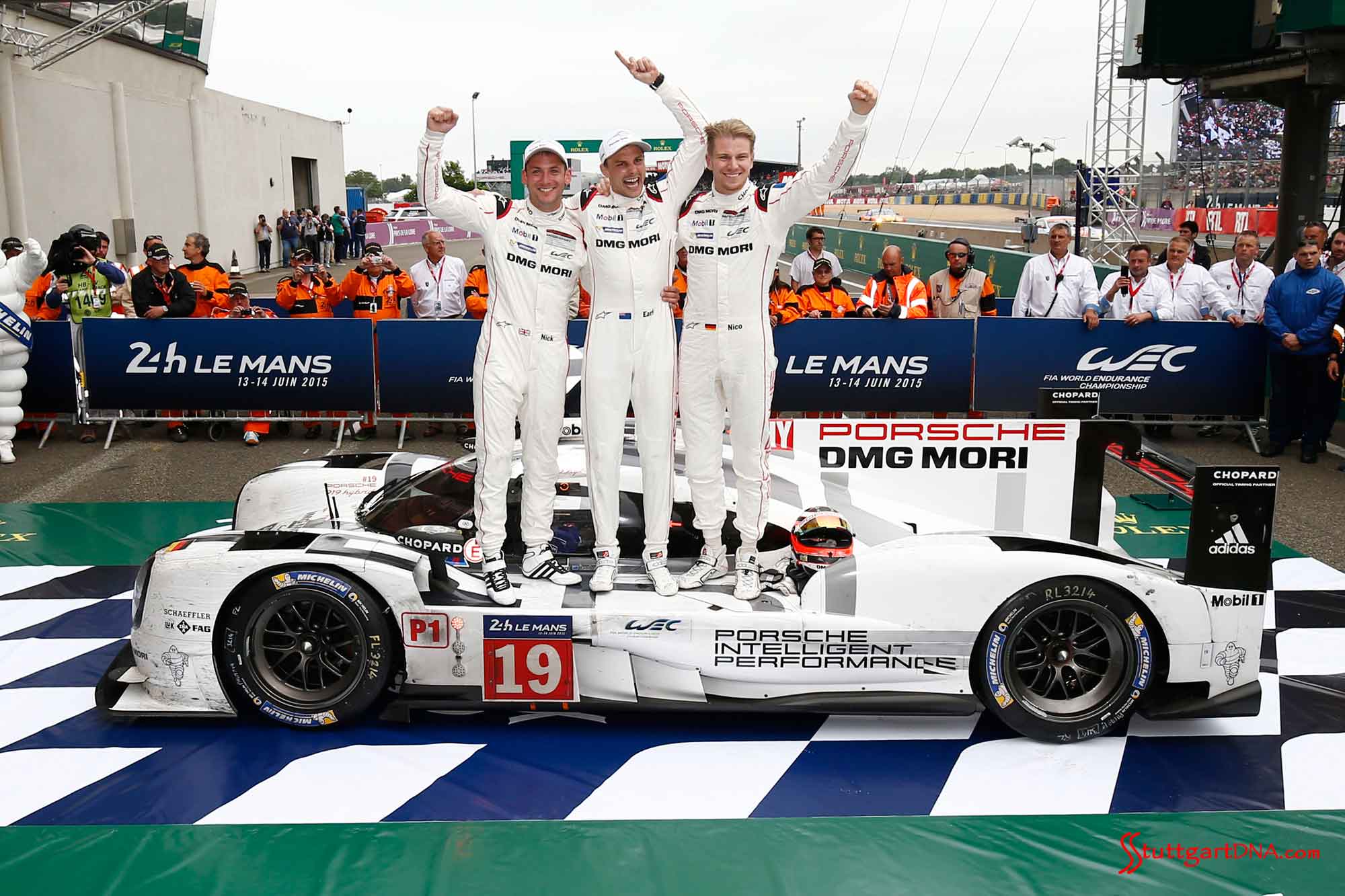 395 laps to Le Mans victory Porsche 919 Hybrid (No. 19), Porsche Team: Nick Tandy, Earl Bamber, Nico Huelkenberg (l-r) celebrating their Le Mans victory. Credit: Porsche AG