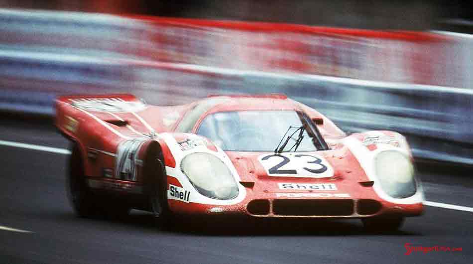 Magic moments in Le Mans Seen here is the red-and-white Le Mans No. 23 Porsche 917, on track. Credit: Porsche AG