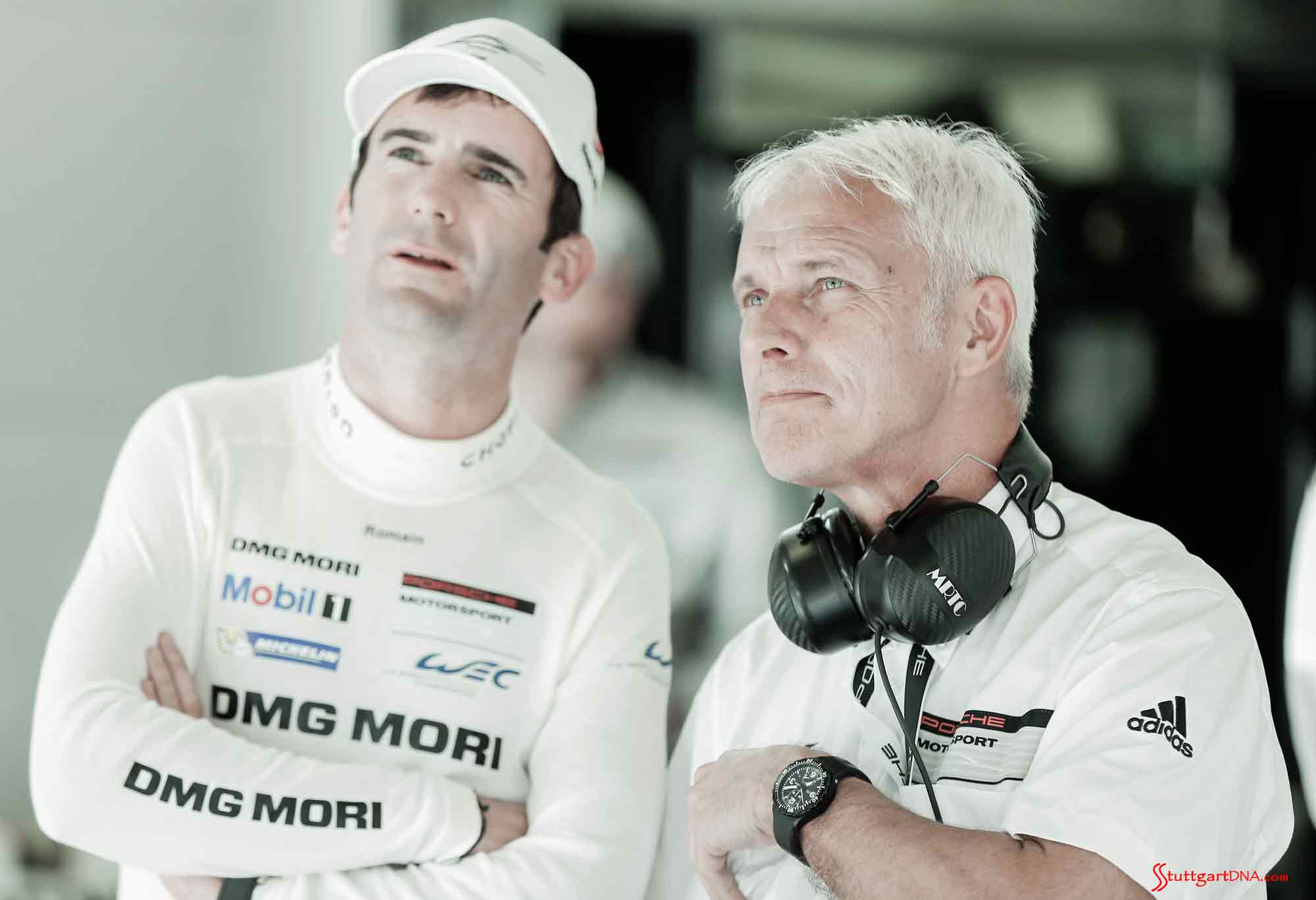 Romain Dumas and Matthias Müller studying the monitors. Credit: Porsche AG Porsche confirms LMP1 program: Romain Dumas and Matthias Müller are seen looking at the monitors in the pit garage; meanwhile, Porsche confirms LMP1 program through 2018. Credit: Porsche AG