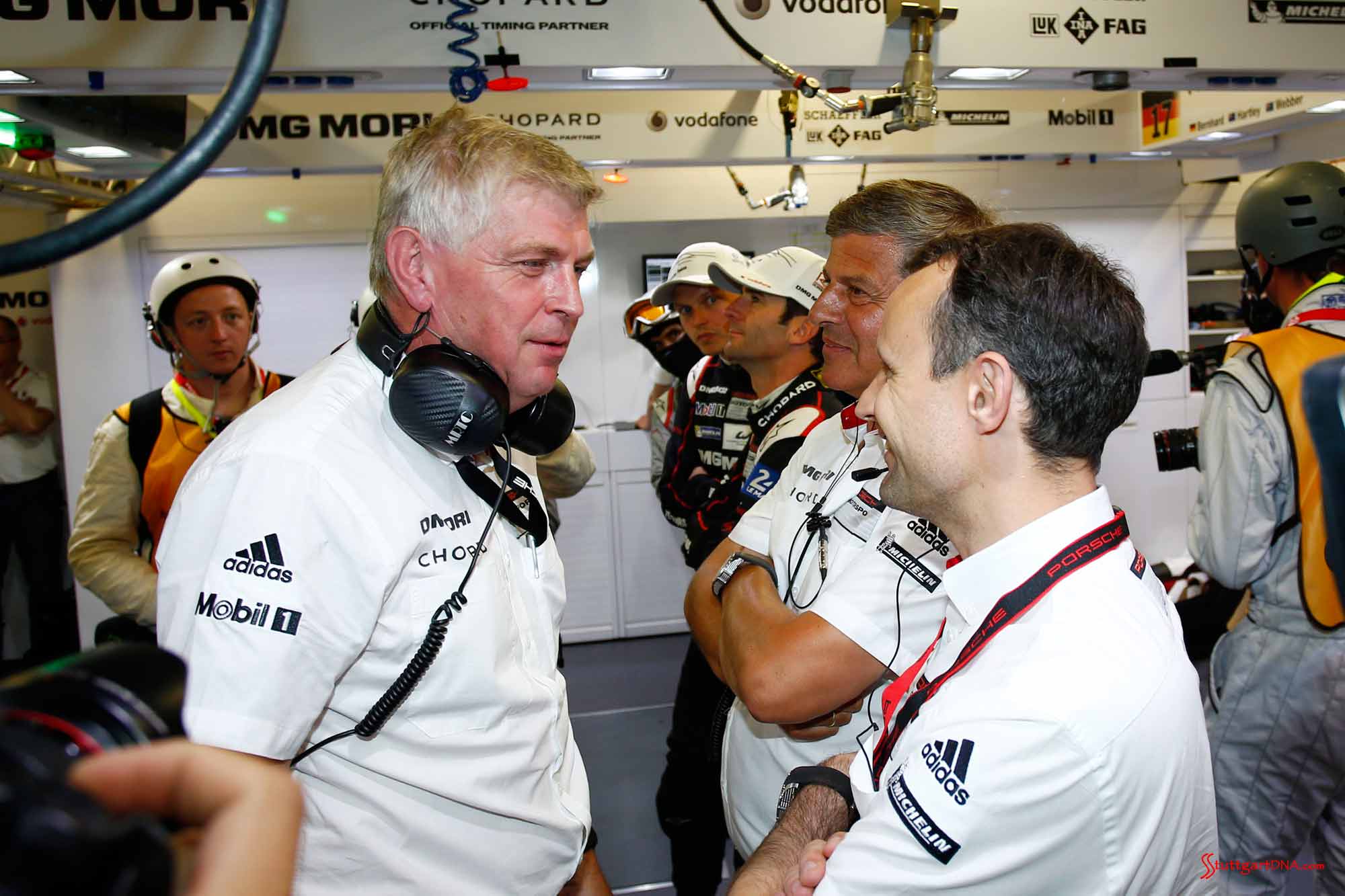 Wolfgang Hatz and Alexander Hitzinger kibitzing in garage. Credit: PAG Porsche confirms LMP1 program: Wolfgang Hatz and Alexander Hitzinger are pictured kibitzing in garage; meanwhile, Porsche confirms LMP1 program through 2018. Credit: Porsche AG