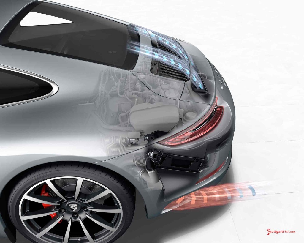 The new 2017 Porsche 911 Carrera 991.2: A new Porsche 911 Carrera S's intercooling is graphically depicted here through a skeletal view of the intake above the engine and the exhaust below, from a left-side view of the engine compartment. Credit: Porsche AG