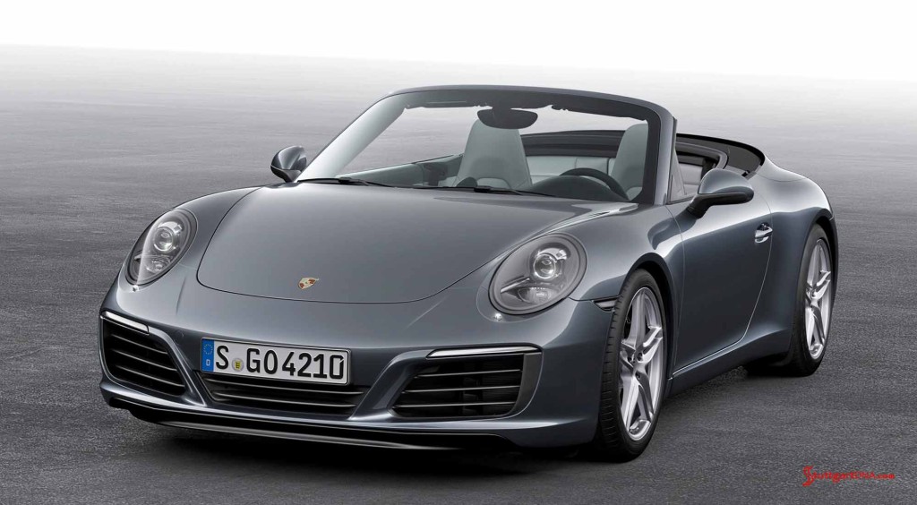 The new 2017 Porsche 911 Carrera 991.2: A new Porsche 911 Carrera Cabiolet is seen here in grey from left-front, on tarmac. Credit Porsche AG