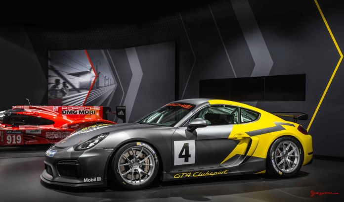 Cayman GT4 Clubsport 2015 LA debut: GT4 Clubsport LA debut, left side, with 919. Credit: Porsche AG