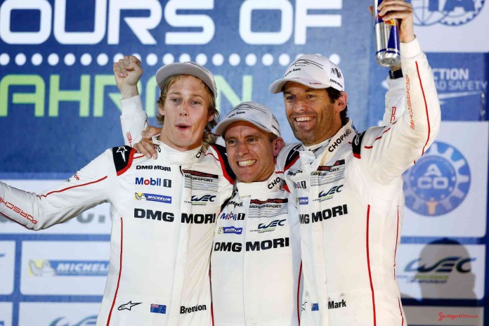 Hartley, Bernhard and Webber atop 2015 WEC Bahrain podium. Credit: Porsche AG Hartley, Bernhard and Webber (l-r) at the top of the 2015 WEC Bahrain podium. Credit: Porsche AG