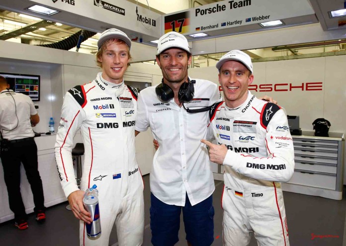 Hartley, Webber and Bernhard qualify first at 2015 Bahrain. Credit: Porsche AG 2015 Bahrain Porsche 919 qualify first-second: Hartley, Webber and Bernhard (l-r) qualify first at 2015 Bahrain. Credit: Porsche AG