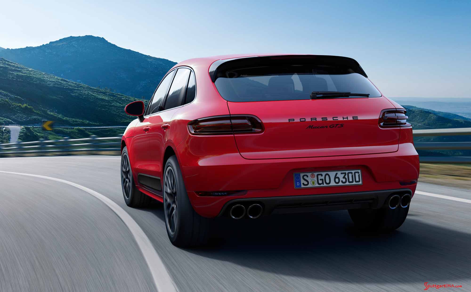 Credit: Porsche AG Porsche Macan GTS: Macan GTS left-rear on twisty mtn road. Credit: Porsche AG