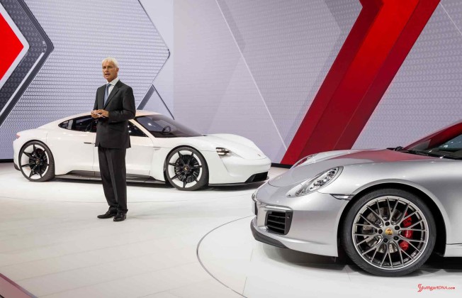 Porsche Mission E Concept Car: Matthias Muller with Mission E and 911 at 2015 IAA Show. Credit: Porsche AG