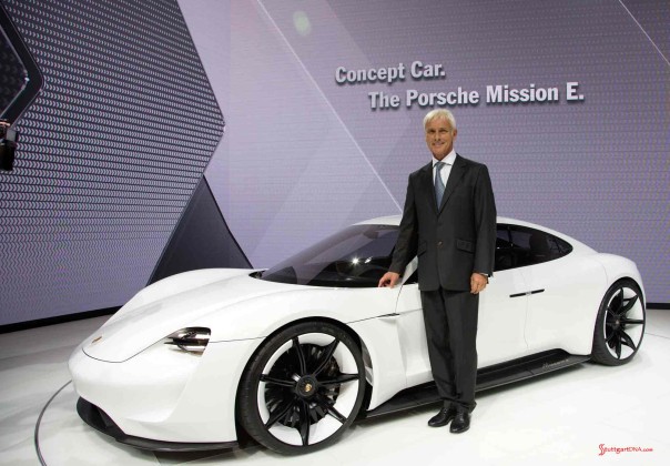 Porsche Mission E Concept Car: Matthias Muller with Mission E at 2015 IAA Show. Credit: Porsche AG
