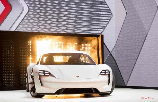 Porsche Mission E Concept Car: Mission E front entering 2015 IAA Show. Credit: Porsche AG