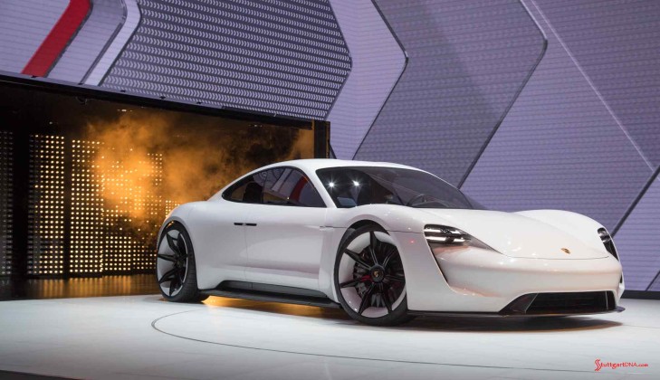 Porsche Mission E Concept Car: Mission E right-front entering 2015 IAA Show. Credit: Porsche AG