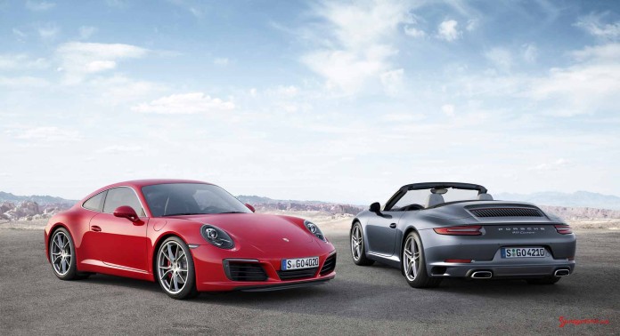 The new 2017 Porsche 911 Carrera 991.2: Seen here are the new red and silver 2017 911s. Credit: Porsche AG