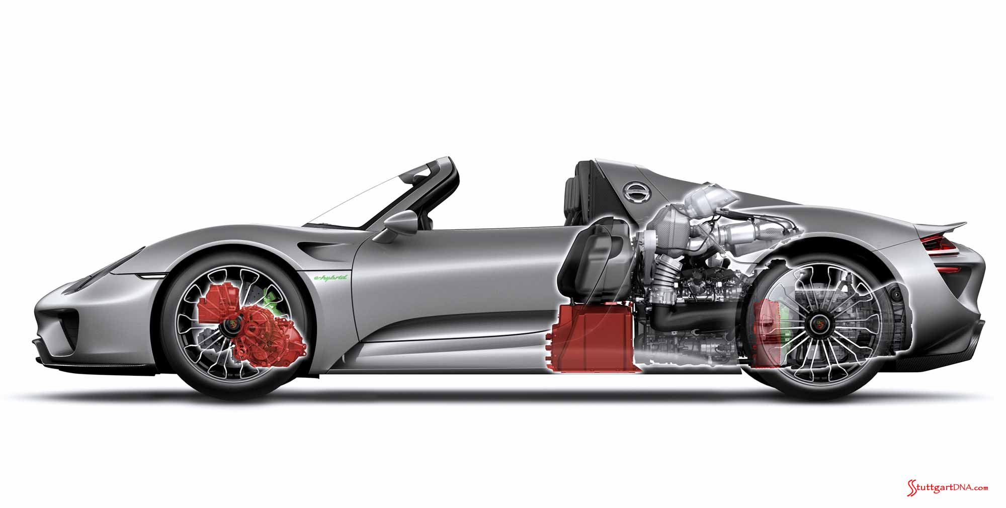 Credit: Porsche AG Porsche Weissach Development Center: 918 Spyder, left-side, skeletal-view. Credit: Porsche AG