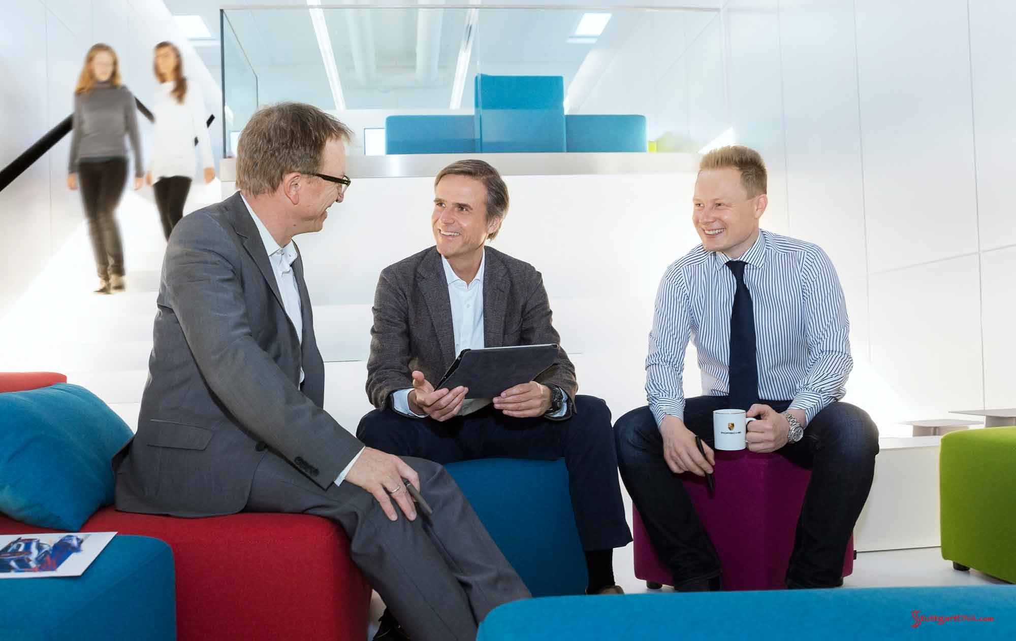 Credit: Porsche AG Porsche Weissach Development Center: Michael Mauer (middle), Vice President, Style Porsche; with team members American Grant Larson (l) and Mitja Borkert (r), in the design building at EZW. Credit: Porsche AG