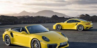 2017 Porsche 911 Turbo and Turbo S 2017 Porsche 911 Turbo and 911 Turbo S: Two yellow 2017 991-2 Turbos. Credit: Porsche AG