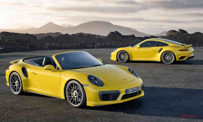 2017 Porsche 911 Turbo and 911 Turbo S: Two yellow 2017 991-2 Turbos. Credit: Porsche AG