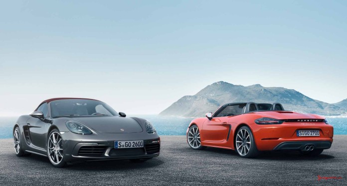 The new Porsche 718 Boxster: Two 718 Boxsters at shore. Credit: Porsche AG