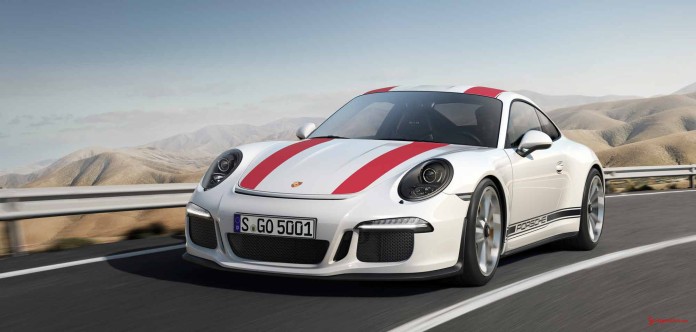 The new 2016 Porsche 911 R: wolf in sheep's clothing: 911 R, front-left, on hilly road. Credit: Porsche AG