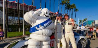 Porsche 911 RSR wins 2016 IMSA Long Beach race Porsche 911 RSR wins 2016 IMSA Long Beach race: Patrick Pilet and Nick Tandy posing with the Michelin Man in front of their No. 911 Porsche 911 RSR after winning their GTLM class at the 2016 Long Beach IMSA Weathertech SportsCar Championship, round 3. Credit: Porsche AG