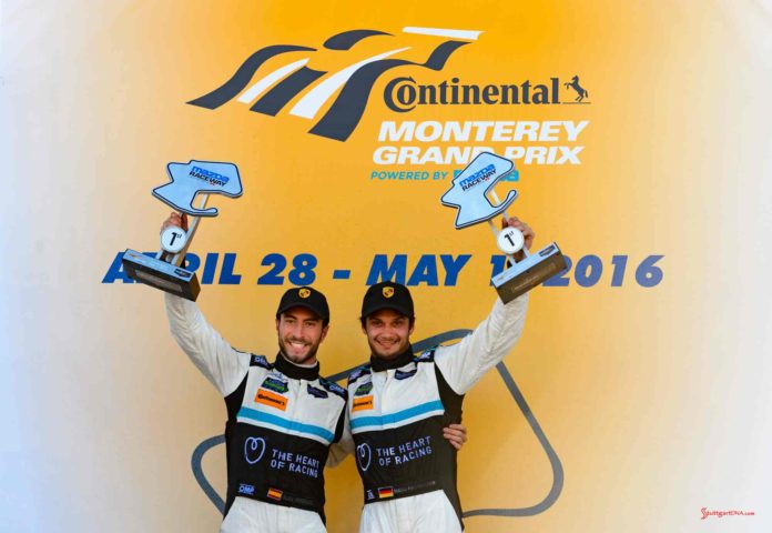 New 2016 Porsche 911 GT3 R wins first race: Alex Riberas (left) and Mario Farnbacher atop the 2016 Laguna Seca podium. Credit: Porsche AG