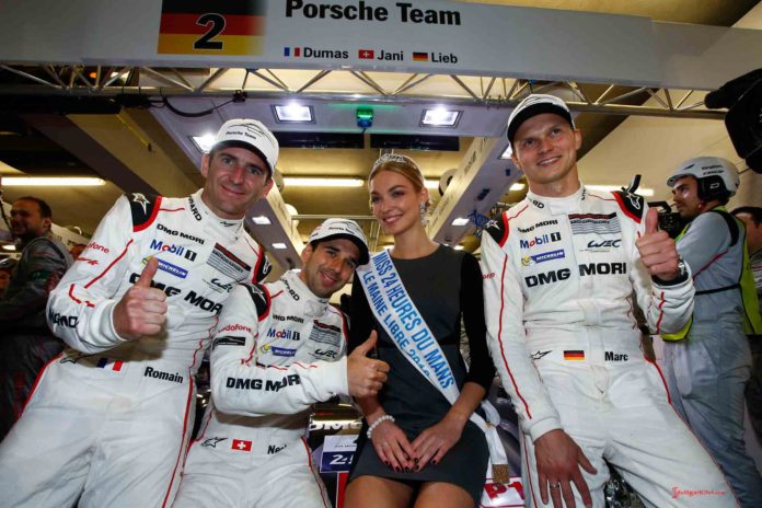 Porsche earns 18th Le Mans pole: Dumas, Jani and Lieb with Miss 24 Heures du Mans. Credit: Porsche AG