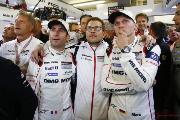 Porsche garners 18th overall win at 84th Le Mans 2016: Romain Dumas, Andreas Seidl (Team Principal, Porsche Team), Marc Lieb. Credit: Porsche AG