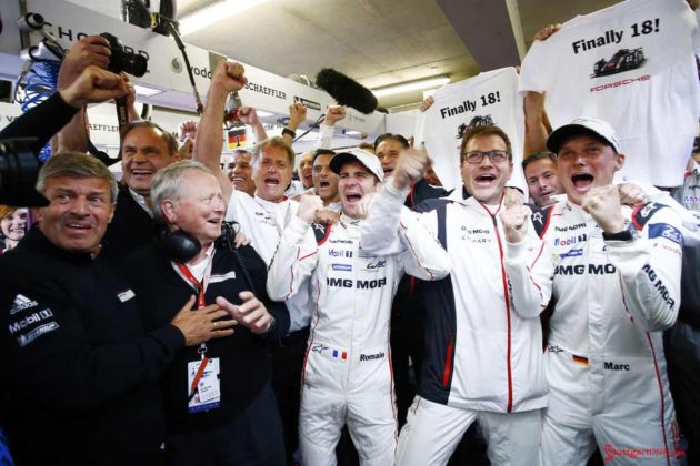 Porsche garners 18th overall win at 84th Le Mans 2016: Enzinger (VP, LMP1), Blume (CEO, Porsche AG), Dr. Porsche (Chairman, Board), von Platen (Board Member), Dumas, Seidl, Lieb (l-r). Credit: Porsche AG