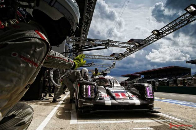 Porsche garners 18th overall win at 84th Le Mans 2016: No. 1 919 in pit at dawn. Credit: Porsche AG