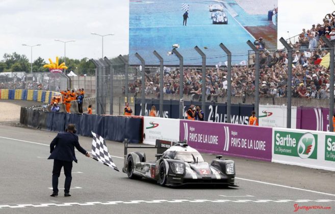 Porsche garners 18th overall win at 84th Le Mans 2016: No. 2 919 in P1 crossing finish line. Credit: Porsche AG