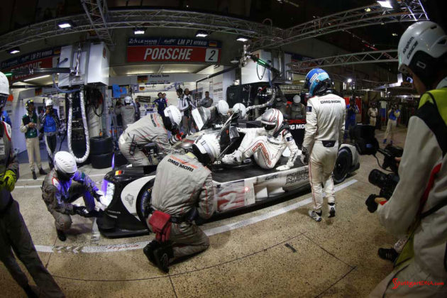 Porsche garners 18th overall win at 84th Le Mans 2016: No. 2 919 in pit driver change. Credit: Porsche AG