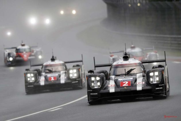 Porsche garners 18th overall win at 84th Le Mans 2016: Porsche 919 Team 2 and Porsche Team 1 in mist. Credit: Porsche AG