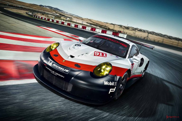 2017 Porsche GT-class 911 RSR: Left-front of racecar running on the track.