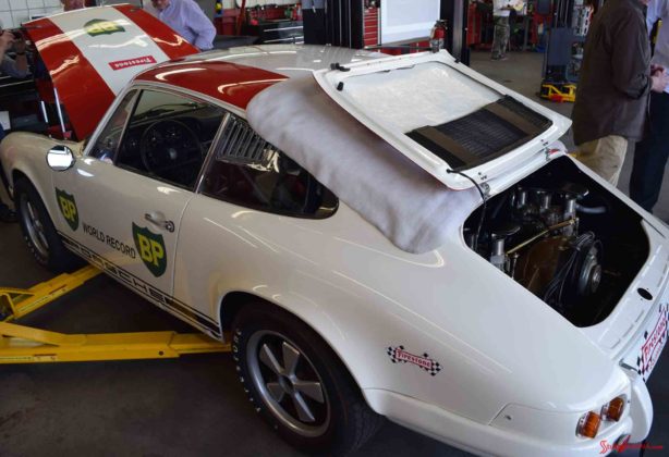 2017 Porsche L.A. Literature, Toy and Memorabilia Meet Weekend: The white, world-record-setting Callas Rennsport Porsche 911R, No 001, is seen here from the left-rear in the Callas Rennsport shop during 2017 Lit Weekend Open House on Friday, 03/03/17. Credit: StuttgartDNA