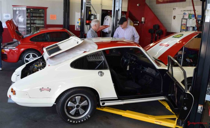 2017 Porsche L.A. Literature, Toy and Memorabilia Meet Weekend: Callas Rennsport's Porsche 911R No 001 is seen here from the right side, passenger door open, in the Callas Rennsport shop during 2017 Lit Weekend Open House on Friday, 03/03/17. Credit: StuttgartDNA