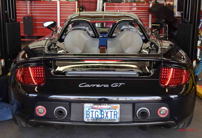 Black "Big Boxster" Porsche Carrera GT, rear, at Callas Rennsport during the 2017 Porsche Lit Week. Credit: StuttgartDNA