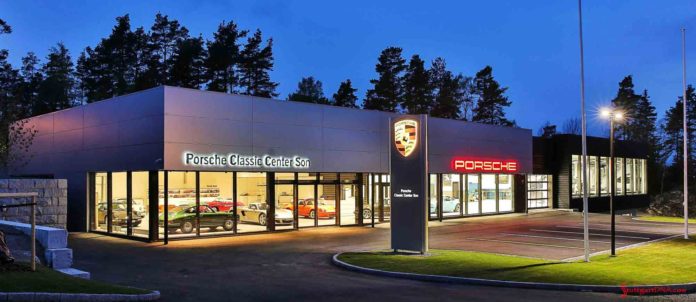 Porsche AG opens Son Norway Porsche Classic Center: Seen here is the Norway Classic Center night facade. Credit: Porsche AG