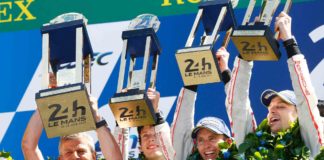 Porsche 2017 Le Mans 24 hat trick – 19th overall win Porsche 2017 Le Mans 24 hat trick – 19th overall win: Enzinger and No-2 winning team of Hartley, Bernhard and Bamber on podium lifting trophies. Credit: Porsche AG